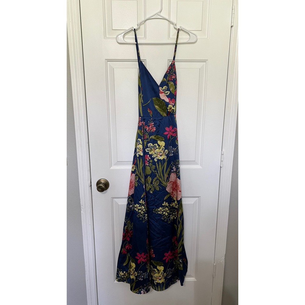 Navy Blue Floral Satin Maxi Dress V-Neck Spaghetti Strap Formal Gown